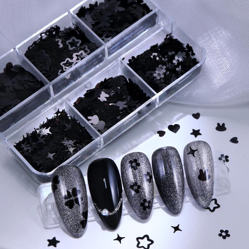 6 Grids Black Heart-shaped Butterfly Star Nail Glitter Mixed Decor Manicure Flakes Paillettes Stunning Seqiuns DIY Nail Manicure