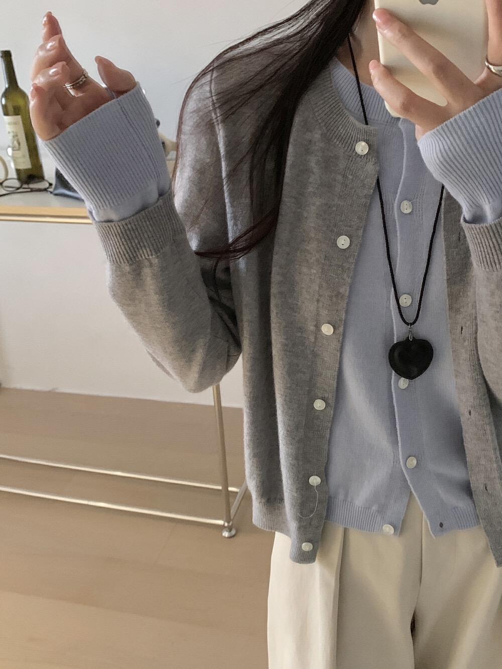 

Корейский ретро белый темно-синий вязаный кардиган с длинным рукавом, женский универсальный модный свитер-жакет для начала осени L светло-серый