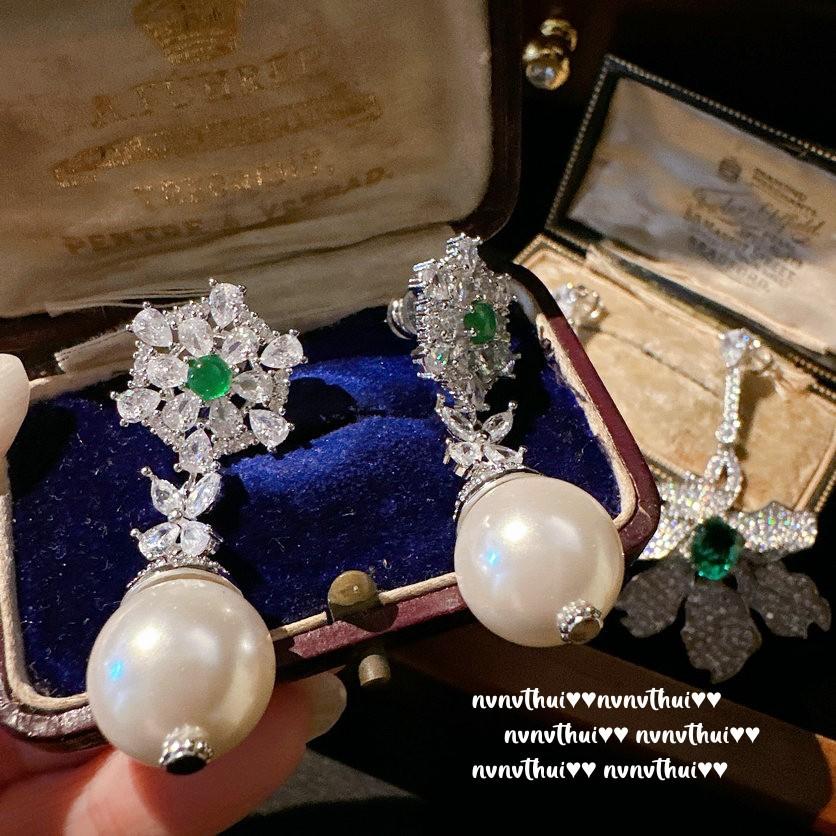Mojito Green Snowflake Jewel Pearl Earrings, Tahiti, Deep Sea Beads, Bow Zircon, Pearl Earrings