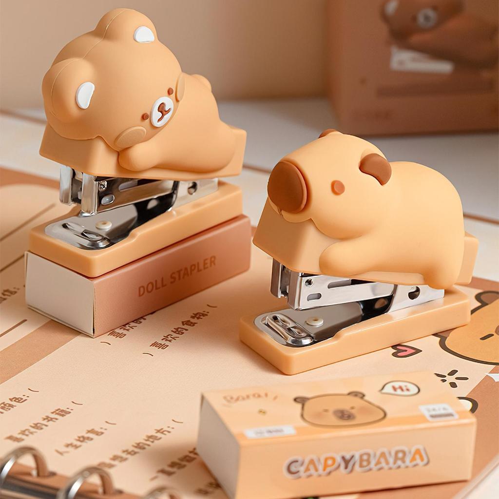 Mini Doll Stapler 400pcs 24/6 Staples Set Cartoon Capybara Bear Rabbit Duck Portable Binder Office Binding Tools School