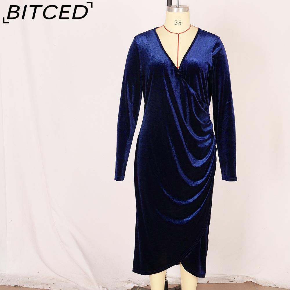 BITCED Plus Size Long Sleeve Velvet Bodycon Dress Sexy Pleated Wrap-Style Deep V-Neck Party Cocktail Gown
