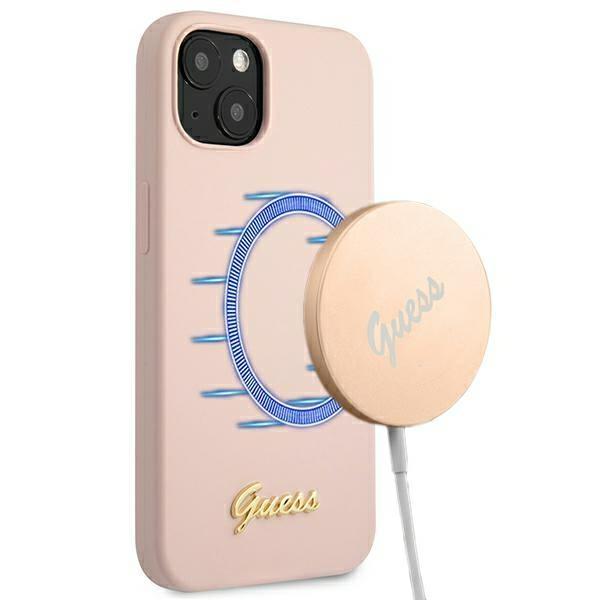 Guess Guhmp13Mlslmglp Iphone 13 / 14 /15 6.1 Jasnoróżowy/Light Pink Hardcase Silicone Script Gold Logo Magsafe
