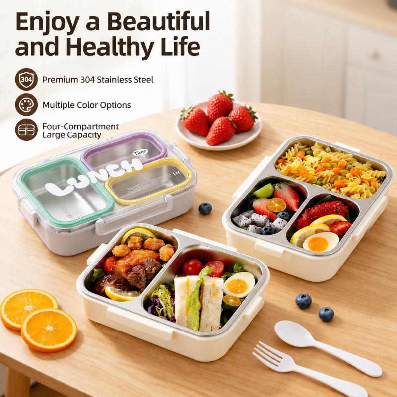 304 Stainless Steel 720Ml Leak Proof Lunch Box 3 Compartments With Cutlery For Kids School Office Outdoor Picnics