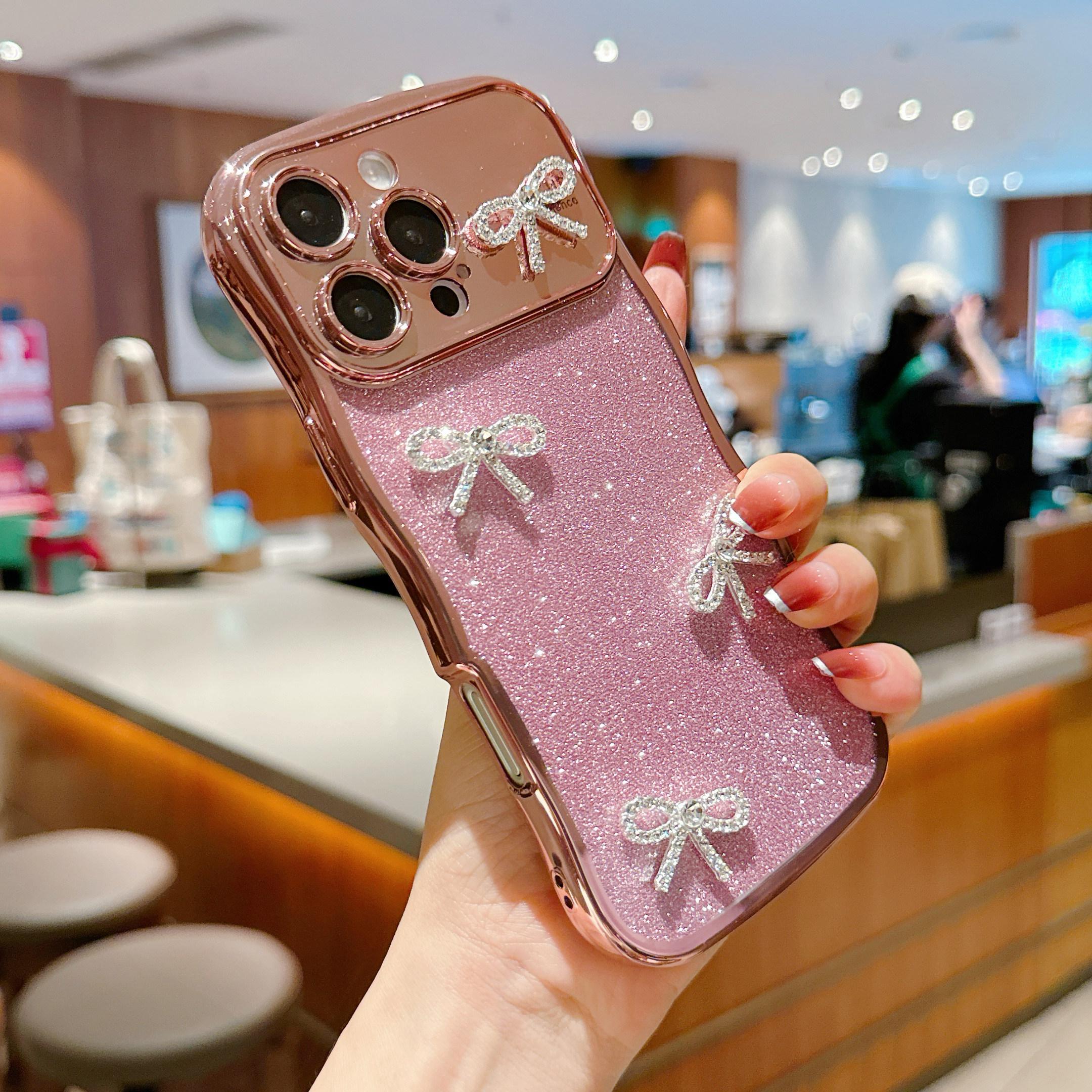 

For iPhone 16 Pro Case Electroplated Wavy Frame Glitter TPU Phone Cover with Rhinestone Bow Decor Blue