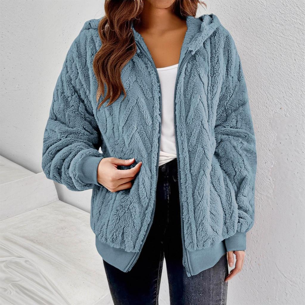 Fleece Jacket Women With Hood Fuzzy Zip Up Hoodie Oversized Soft Warm Knit Pullover Sweatshirt