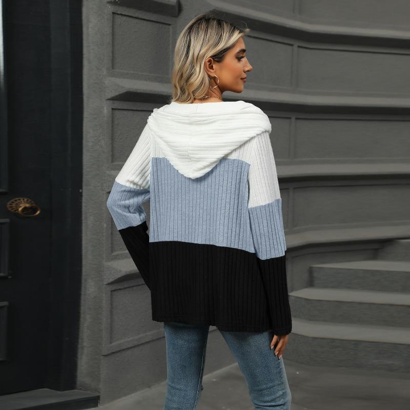New Loose Color Splicing Zipper Hooded Long Sleeved Blouse Autumn and Winter Top Women Casual Simple Fashion Elegant Office Women's Clothing