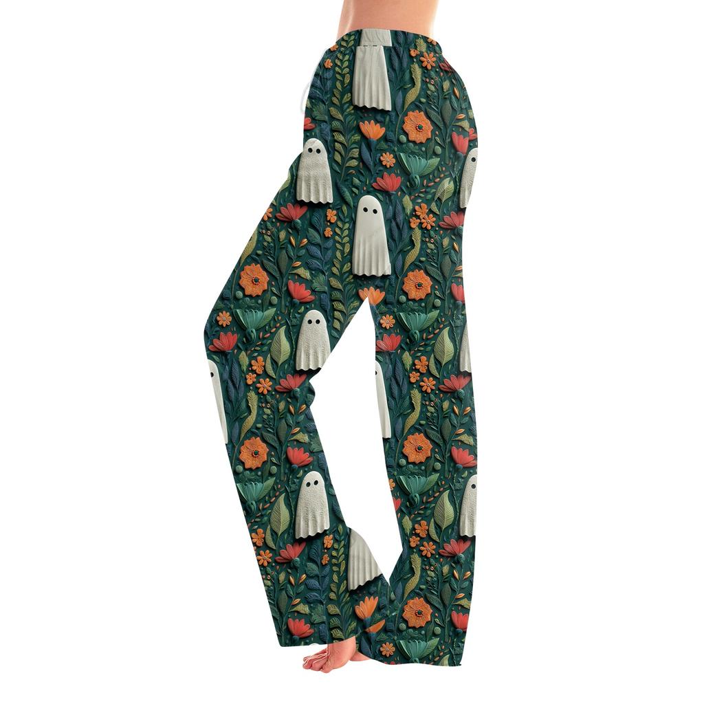 Women's Halloween Print Elastic Waist Drawstring Pajama Pants for Casual and Sleepwear