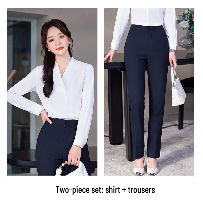 Women's Wrinkle-Resistant Chiffon V-Neck Long-Sleeve Shirt - Collarless White Workwear Top for Autumn