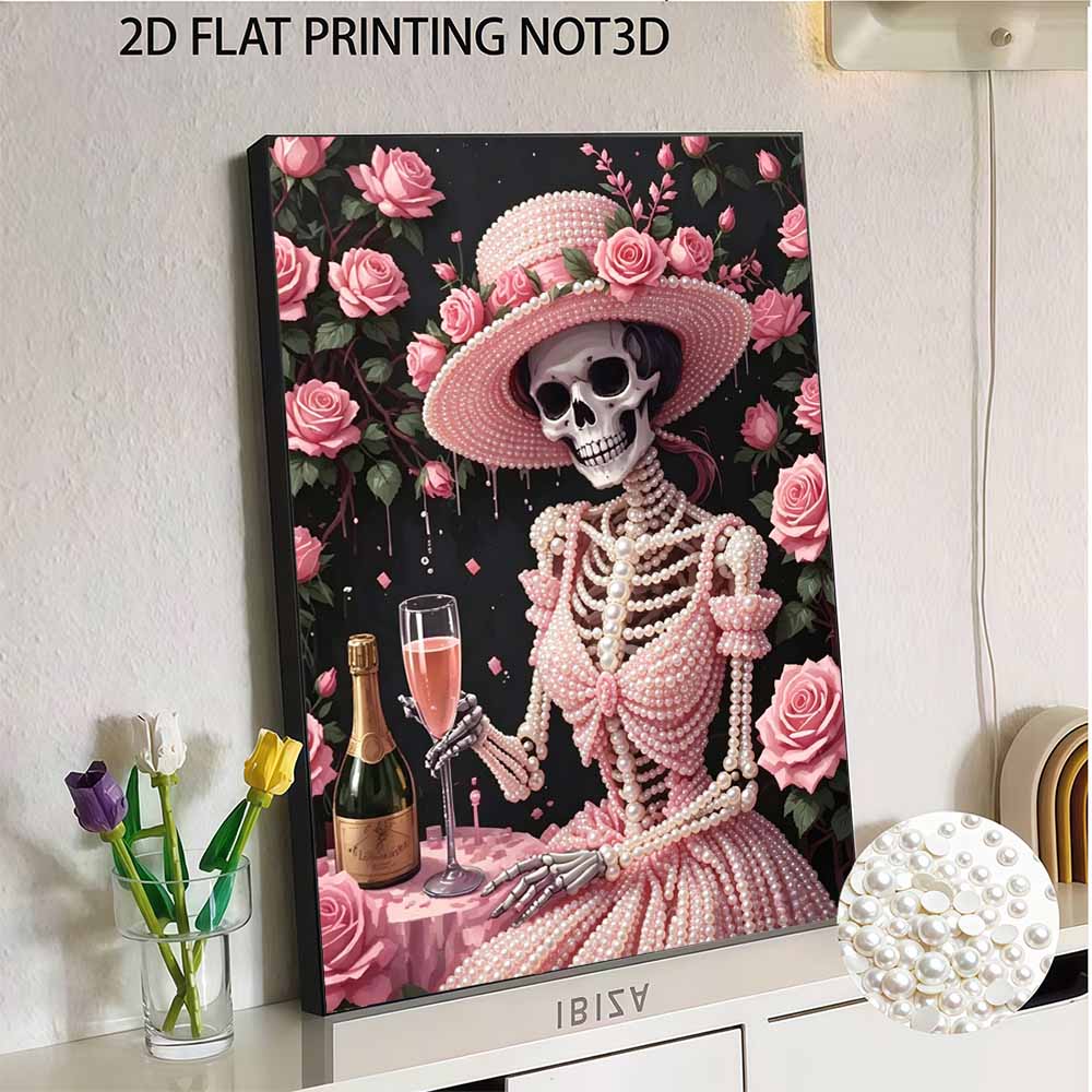 DIY Frameless Pearl Art Kit Pink Rose Skeleton Lady Design 3D Bead Painting Canvas Relaxing Handmade Craft for Home Decor Wall Art
