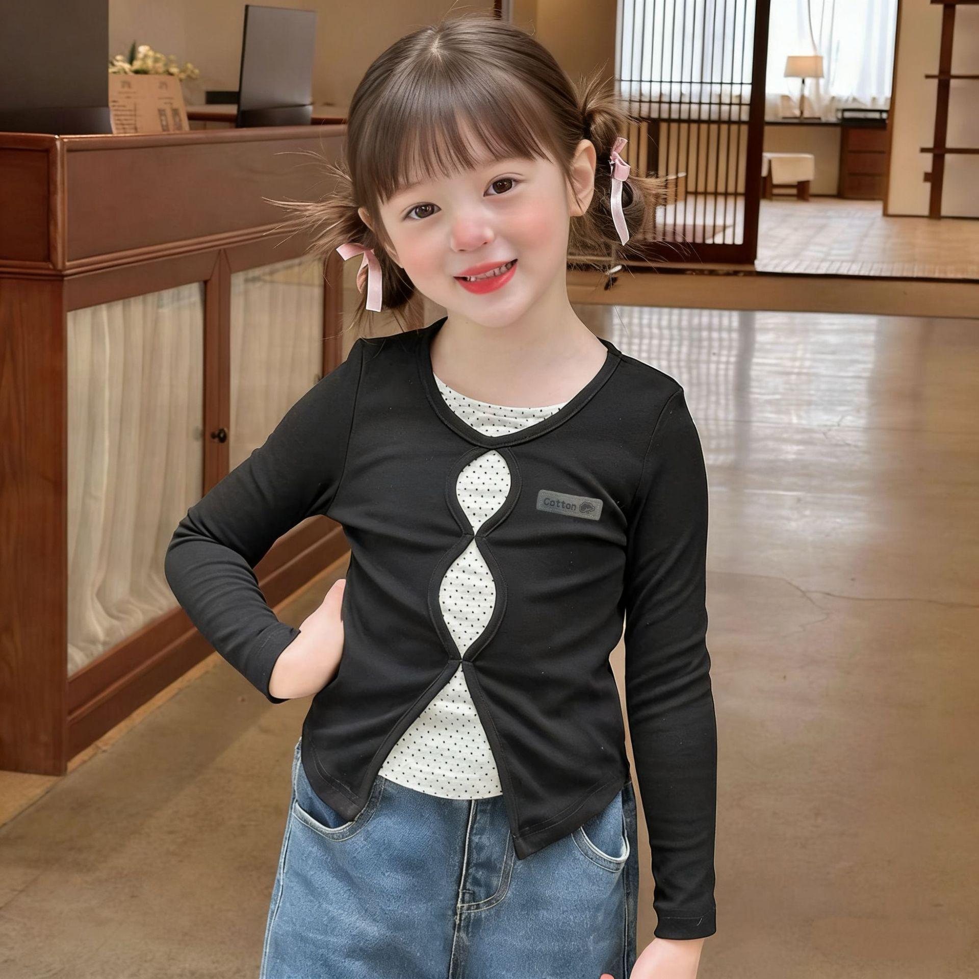 Girls  Polka Dot Color Block Long Sleeve T-Shirt: Slim Fit Faux Two-Piece Base Layer for Spring 2026. 80 cm
