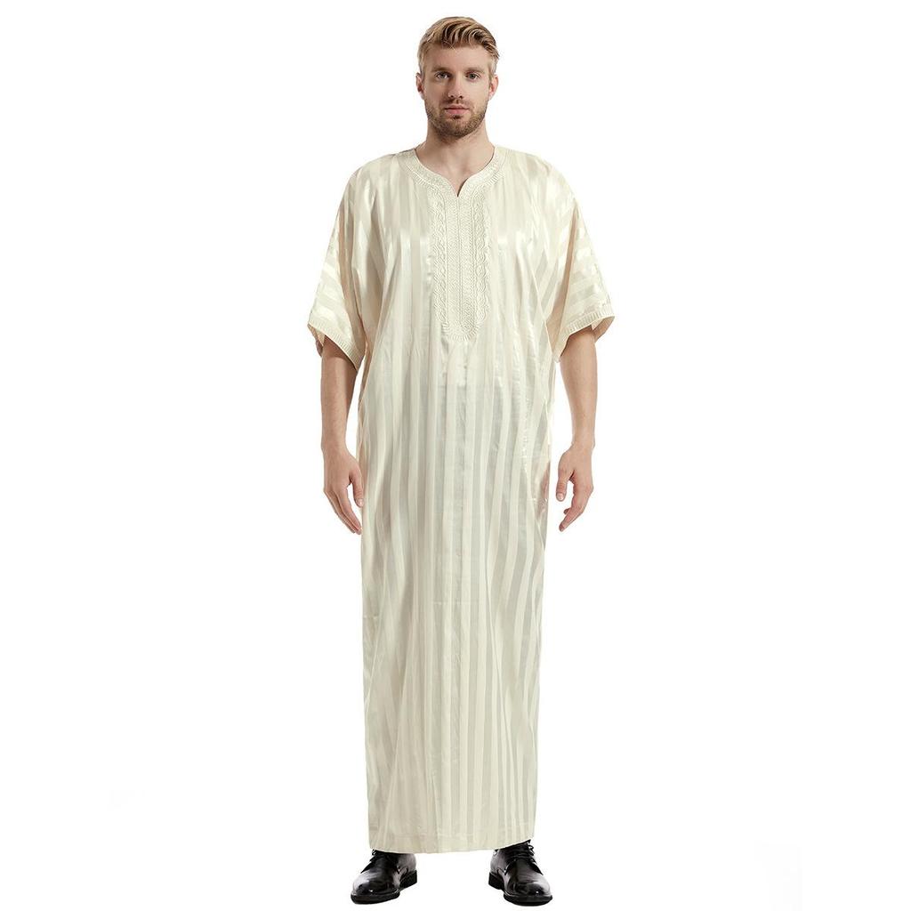 Loose Solid Color Button Thin Mid-Length Simple Arabic Robe Men Ethnic Style Muslim Robe Short-Sleeved Plus Size