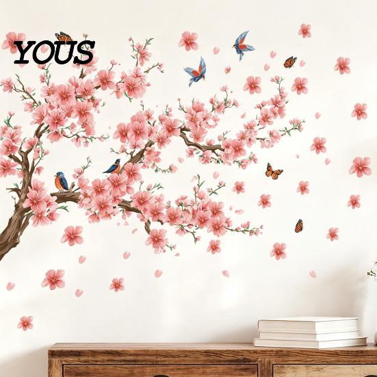 Modern Minimalist Room Aesthetics Stickers 2Pcs Sakura Wall with Butterflies & Birds, Peach Blossom Branch Easy Installation Floral Decor Decals,