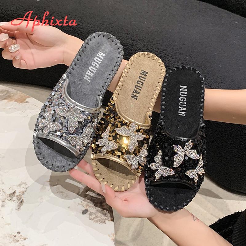 Fashion Aphixta Bling Butterfly Slippers Woman Shoes For Summer Outdoor Luxury Slides Gold Sequine Upper Sewing Slides chanclas de mujer