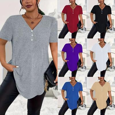 2025 Dámský letní nový ležérní jednobarevný knoflíkový top s výstřihem do V a velkým krátkým rukávem