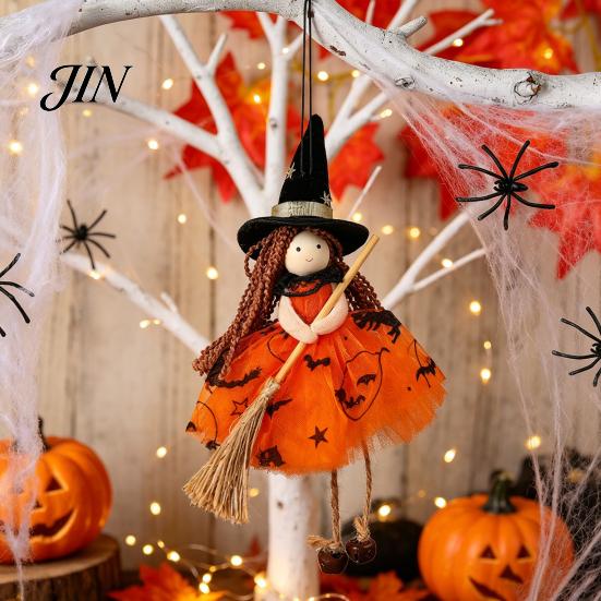 Festlicher Halloween-Schmuck Hexe Puppe mit Besen, Kleine Hängende Figur Partydekorationen Tüllrock für Spukhaus, Türfenster Dekor