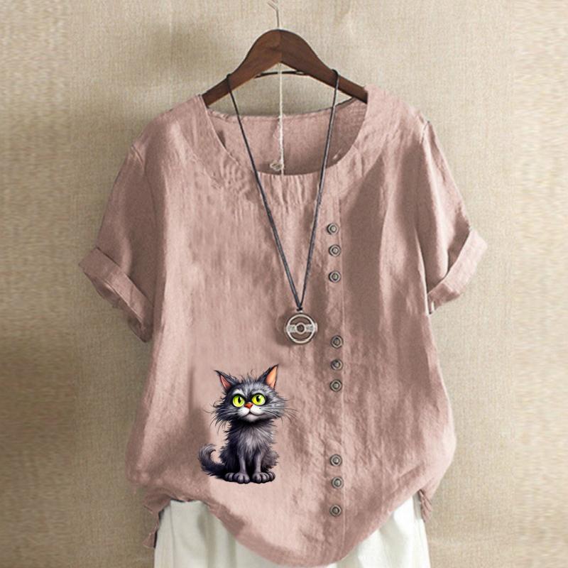 Women's Fashion Cat Prined Short Sleeve T-shirt Loose Cotton Shirt Casual Loose Summer Blouse Tops Plus Size