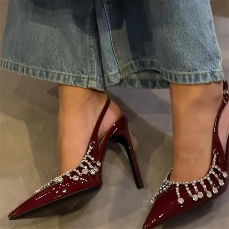 Eilyken Design Style Tassel Crystal Pointed Toe Women Pumps Buckle Strap Shoes Sexy Stripper Party Thin High Heels Sandals