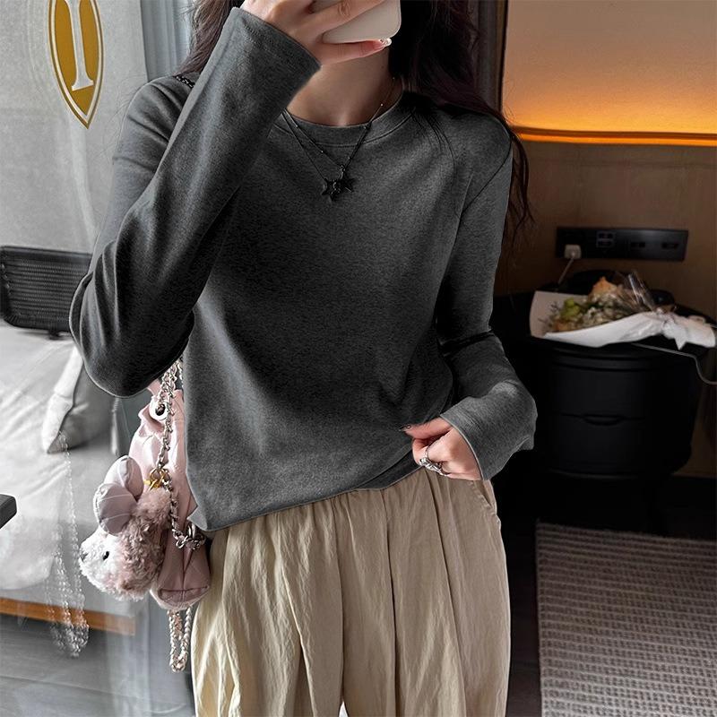 

White crew neck long-sleeved shirt for women s autumn and winter German velvet with solid color bottoming shirt, slim-fitting polished top 2XL темно-сірий