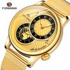 FORSINING Automatic Mechanical Wristwatch Military Sport Male Clock Luxury Golden Case Creative Dial Men Stainless Steel Mesh Strap Watch