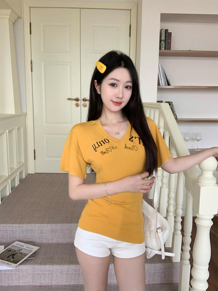 Women's V Neck Short Sleeve Letter Print Top Slim Fit Elegant Commuter Tee Milk Silk Casual Blouse