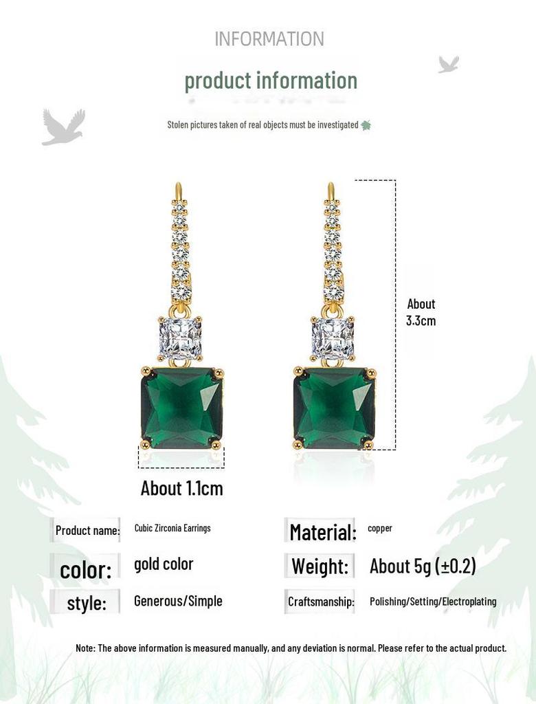 18K Gold Korean Style Square Emerald Zircon Earrings for Women