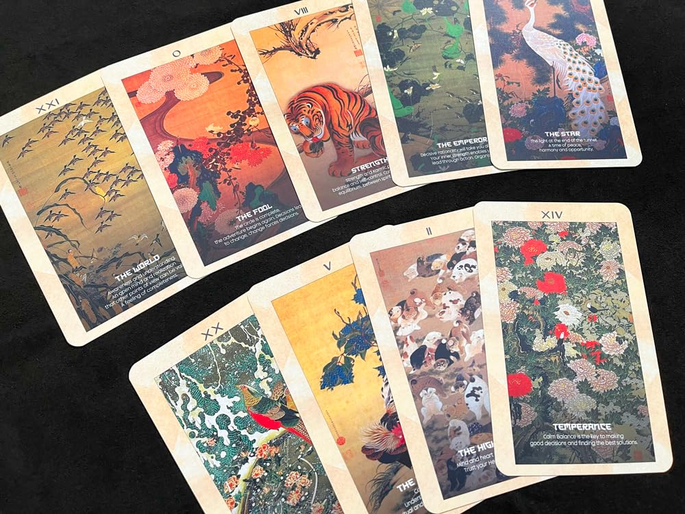 Nichiyu Tarot Waite Fortune Telling Jakuchu Tarot Major Arcana Cards Includes Japanese Commentary and powerful tarot featuring flower and bird Cards,