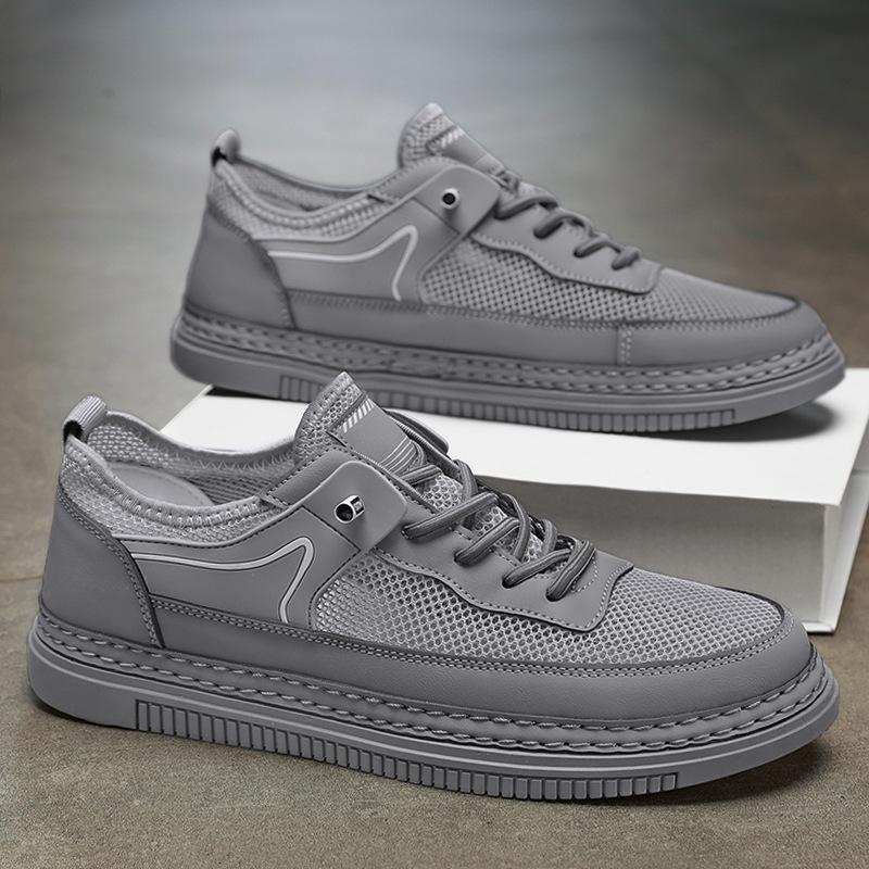 

Кожаная вставка, тонкая сетка, дышащие кеды, низкий верх, плоская подошва, эластичная лента, закрывающие стопу, спортивная мужская обувь 44