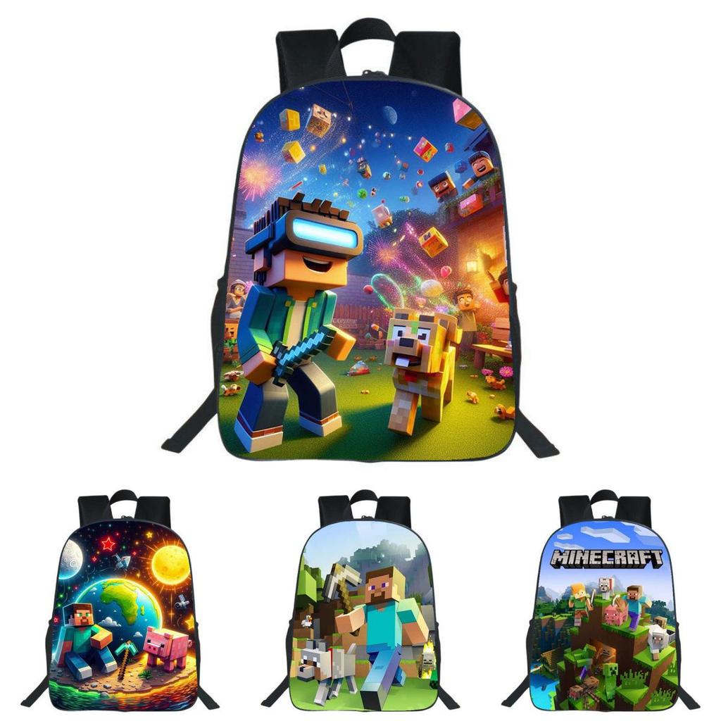 Minecraft Backpack For Kids With Printed Design Nylon School Bag With Padded Straps For Elementary Students