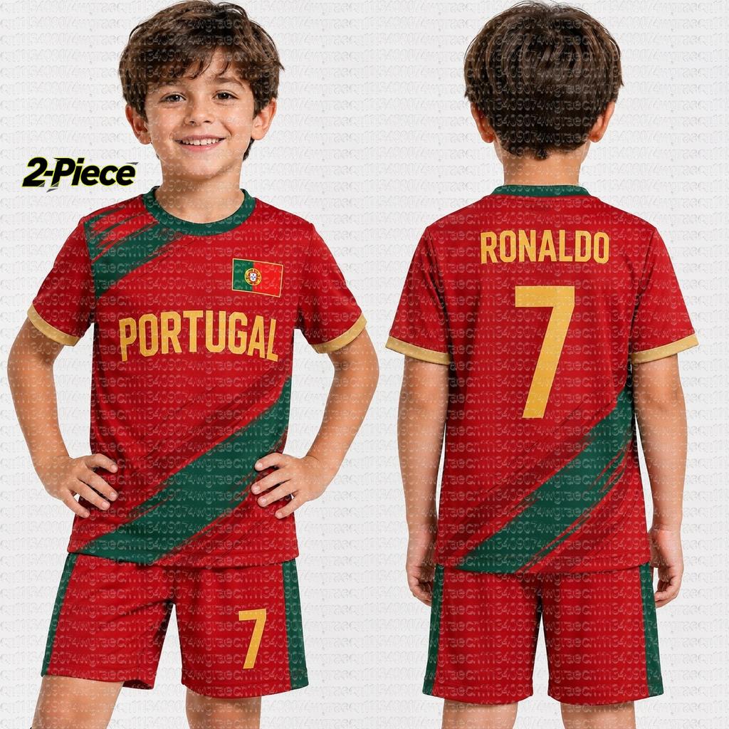 2026 Zēnu Ronaldo #7 Futbola Džersija T-krekls Šorti Komplekts Sievietēm Vīriešiem PORTUGĀLE Futbola Faniem Krekls Šorti Komplekts Bērniem Treniņtērps 2 Daļu Komplekts