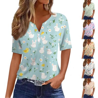 Women's T Shirt Print Button Short Sleeve Daily Weekend Fashion Basic V-Neck Regular Top