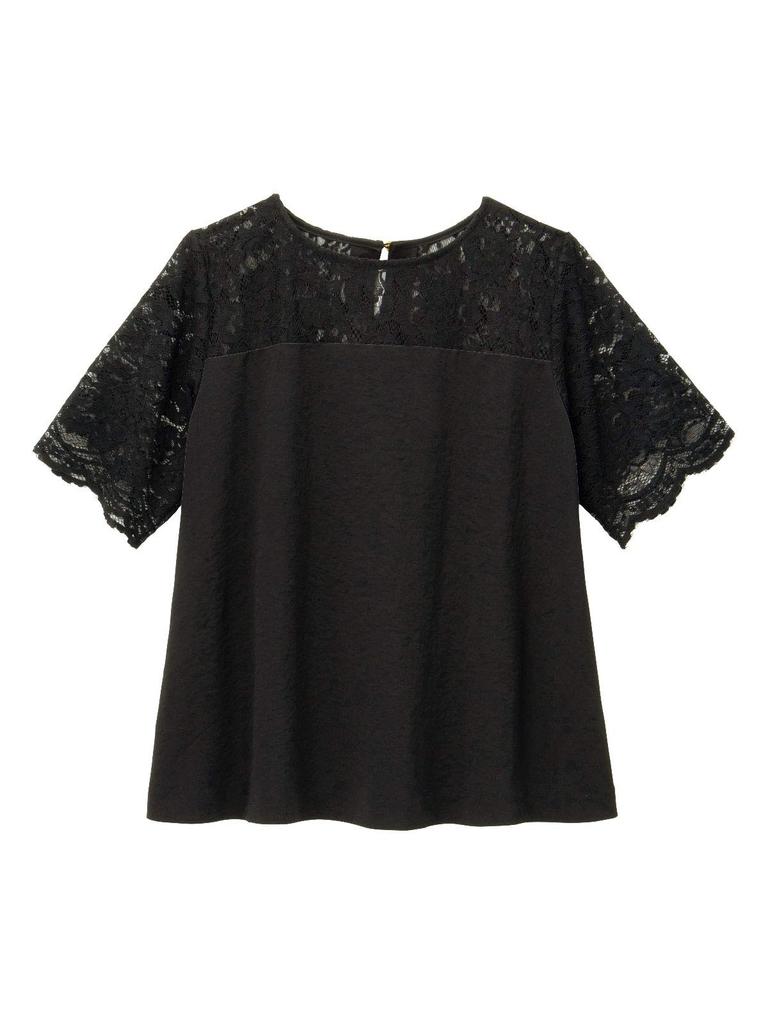 ANGELIEBE Maternity Nursing Opening Lace Switching Pullover Prenatal and Postnatal Nursing Clothes Short Sleeve Tops Black x Black 29312101 S-M