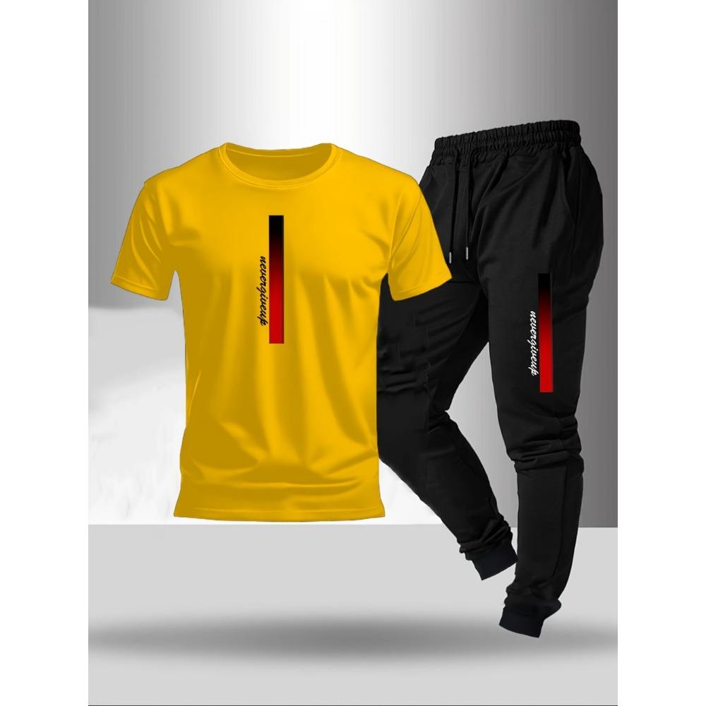 Men's Fashionable Letter Gradient Printed Breathable T-shirt and Drawstring Pants Set Suitable for Outdoor Casual Wear