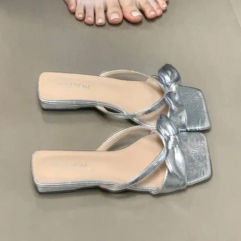 Fashion Bow Women Flats Slippers Square Toe Summer Shoes Fashion 2025 New Sandals Slingback Woman Shoes Dress Zapatillas Sandalias Mujer