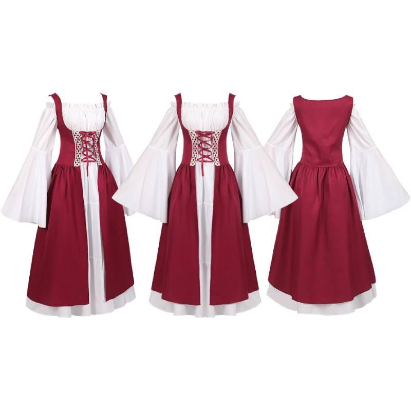 Medieval Women Victorian Long Red White Dress High Waist Design Parties Cosplay