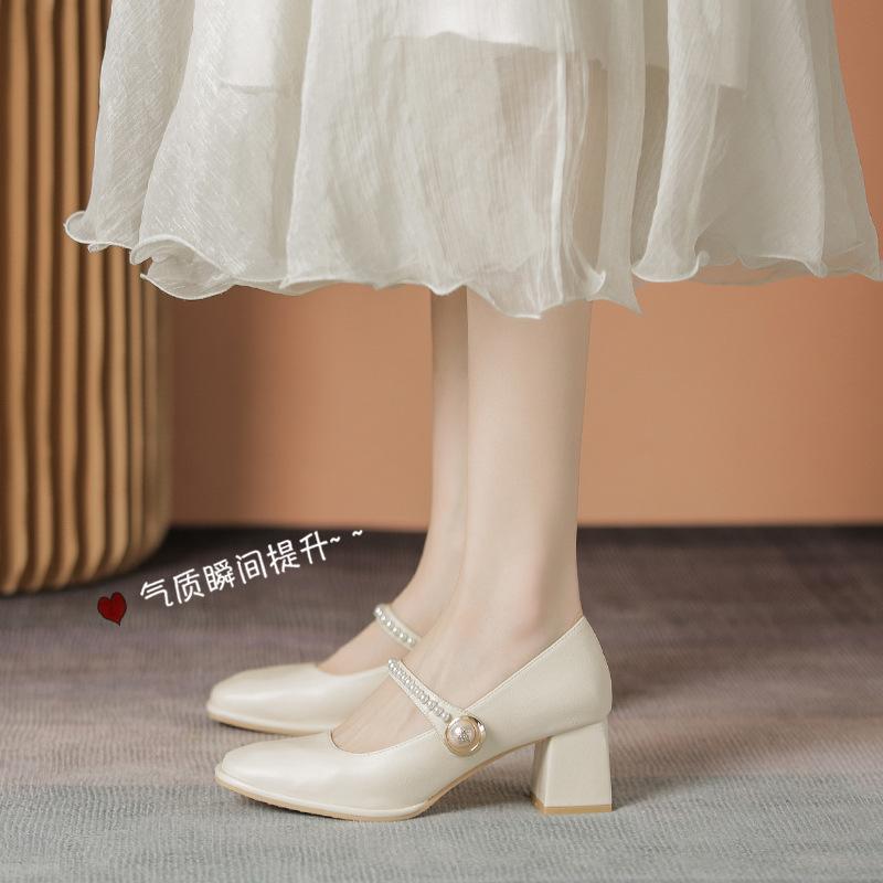 High heels women's 2025 new spring and autumn Hong Kong style with skirt cheongsam retro medium thick heel single shoes French Mary Jane women's shoes