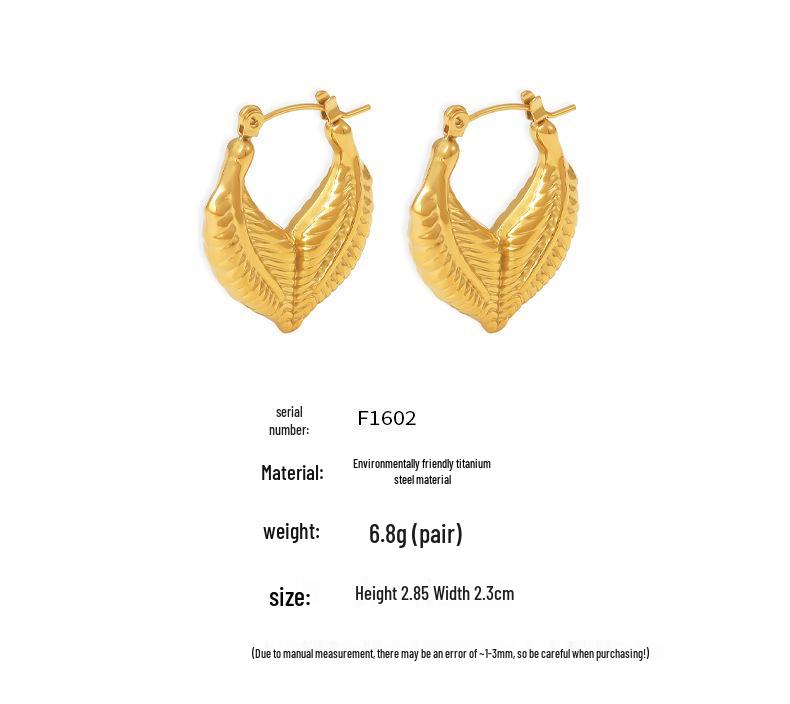 18k Gold PVD Titanium Leaf Patchwork Heart Stud Earrings