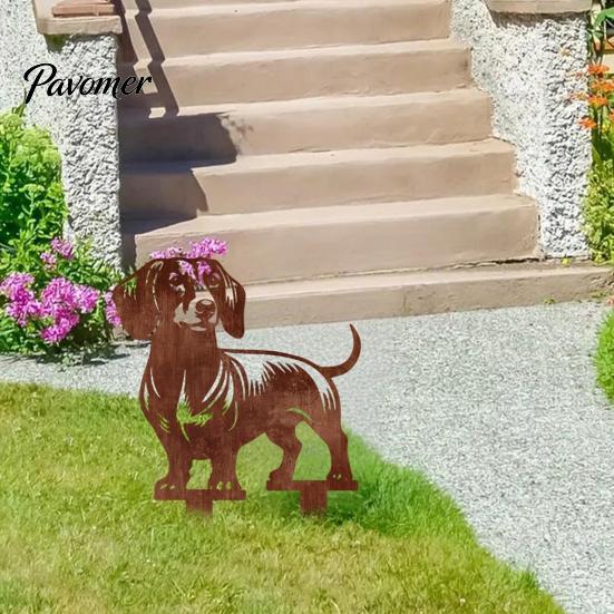 Niedliche Hundeblumenbeet-Dekoration Metall-Dackel-Gartenspieß, Rostige Tier-Silhouette Dekorative Hofspieße Kunst für Draußen Rasen, Weg, Terrasse, Skulptur
