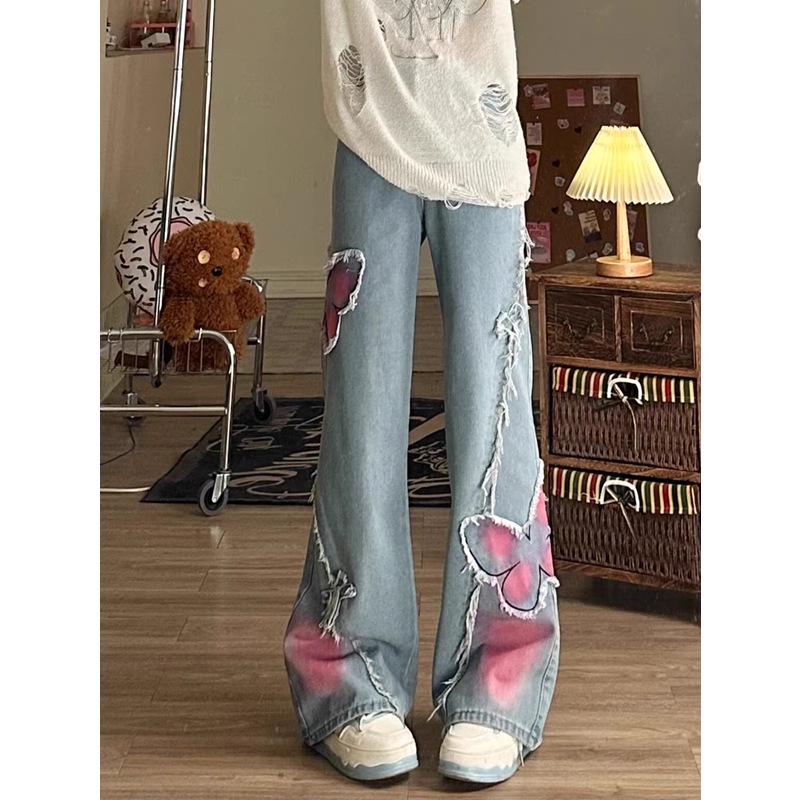 

Women s Plus Size Retro High-Waist Loose Fit Butterfly Patchwork Wide-Leg Jeans XL