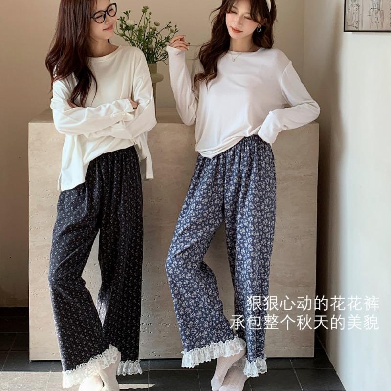 Pure cotton polished lace house pajama pants autumn and winter new home pants thin mid-waist trousers can be worn outside