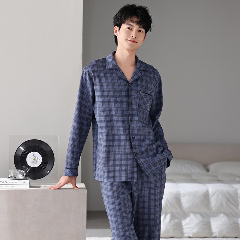 Pure Cotton Pajamas Men'S Spring And Autumn Long-Sleeved Cardigan Autumn Cotton Can Be Worn Outside Loungewear Suit