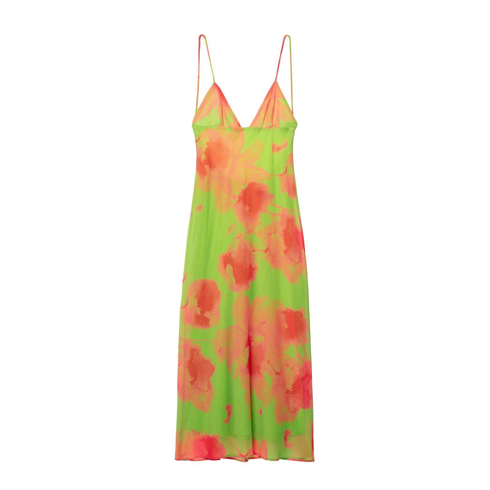 European and American style, new women s clothing, foreign style, classic V-neck backless printed suspender dress XS