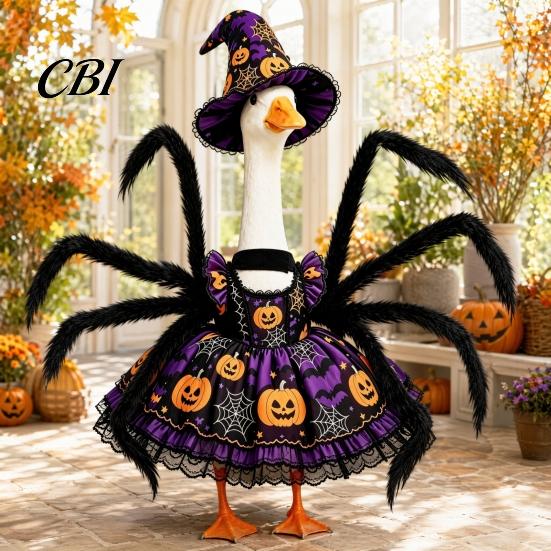 Porch Goose Costume 1 Set Halloween Spider Outfit, Pumpkin Cobweb Print Dress with for Yard Decoration Legs And Witch Hat, 23-Inch Statue Outdoor