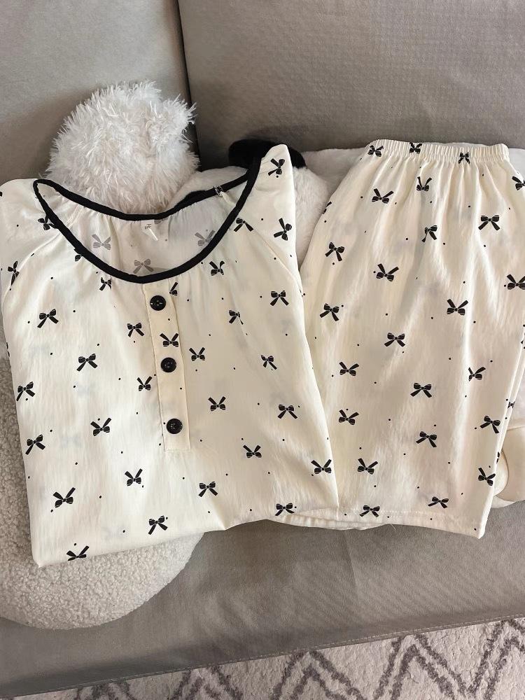 

Summer can wear bow-tied pajamas women s short-sleeved shorts crew neck two-piece French Xiaoxiangfeng loungewear S