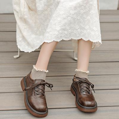 Fashion Round Toe Small Leather Shoes for Women 2024 New British Style Single Shoes Japanese Vintage Brown Leather Shoes