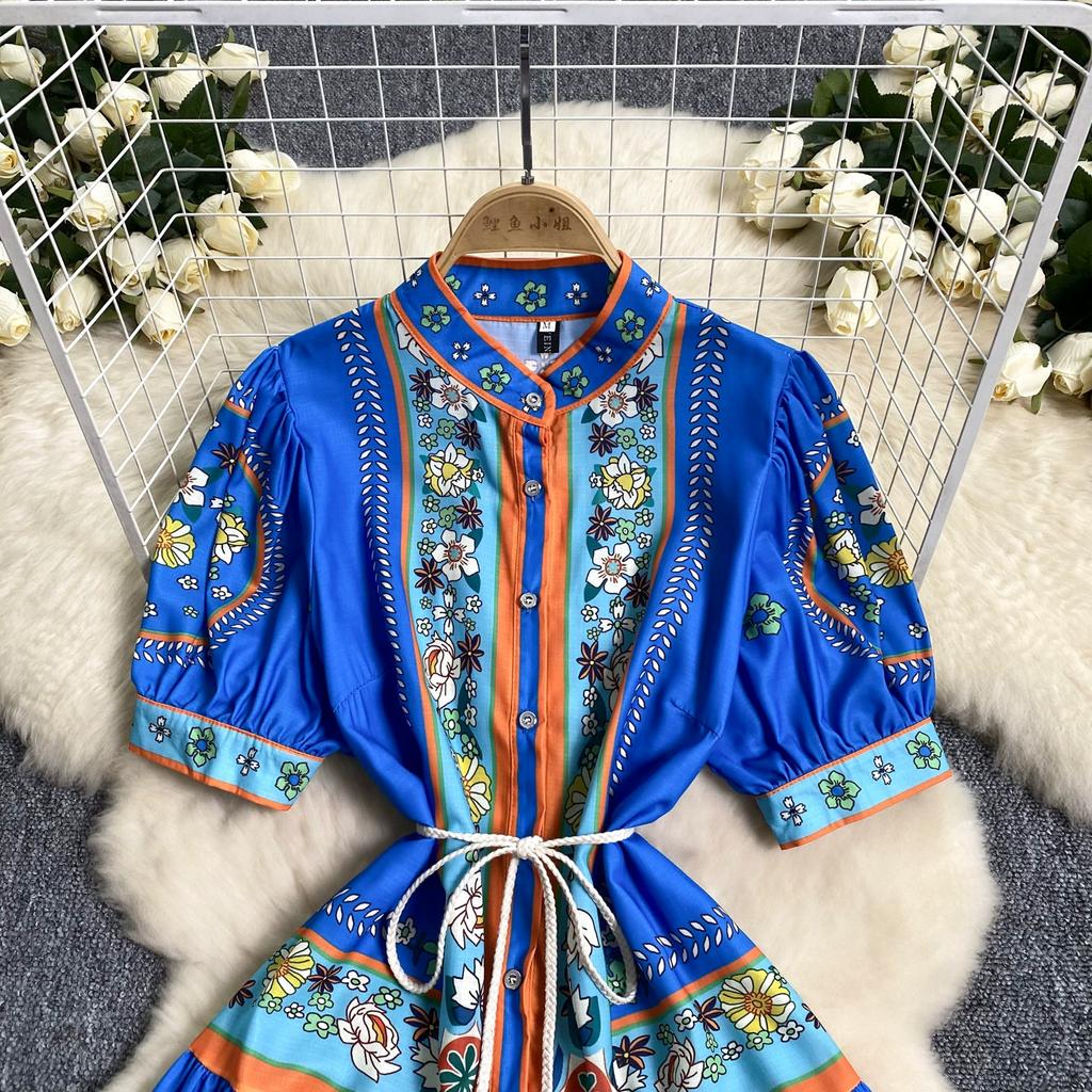 Summer Vintage Printed Oversize Long Maxi Beach Dress for Women's Lantern Sleeve Seaside Holiday Dresses