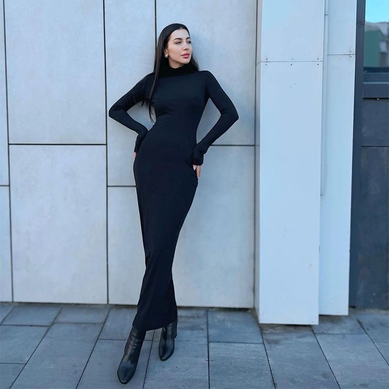 Sexy Mock Neck Side Split Long Dresses Women Slim Elegant Long Sleeved Package Hip Dress Spring Solid Evening Party Robes