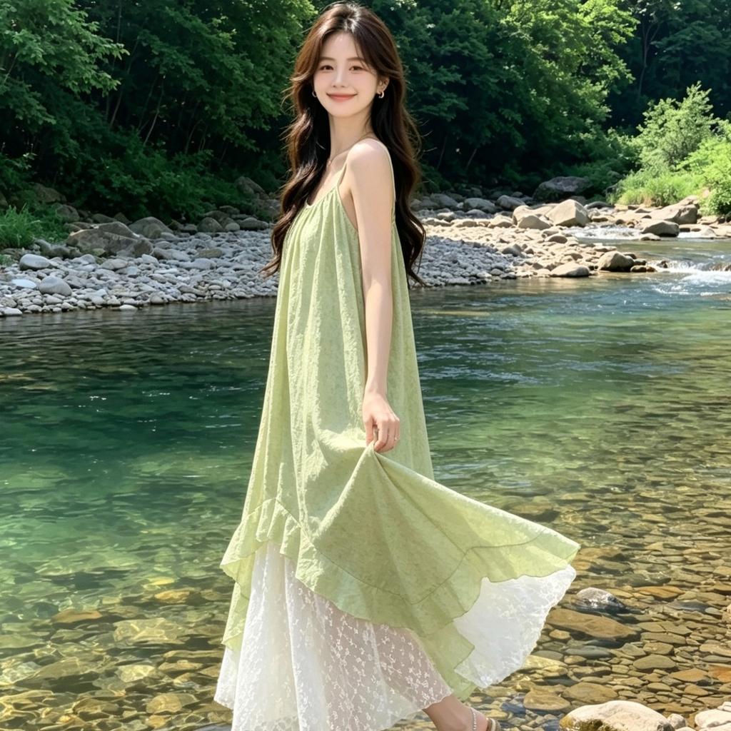 French fresh green lace floral splicing suspender dress women's summer temperament seaside vacation irregular long dress