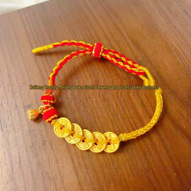 Ancient Gold Sand Five Emperors Coin Bell Bracelet: Handmade Red Rope Gift for Girlfriend.
