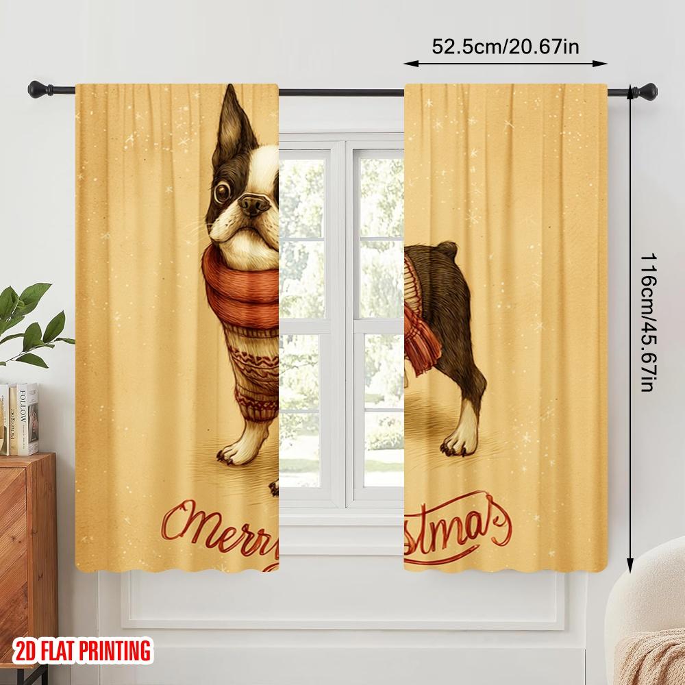 2pcs,2D Plane Printing Creative Curtains Boston Terrier and Reindeer Deer Versatile Polyester Fabric (without Rod) Decorations