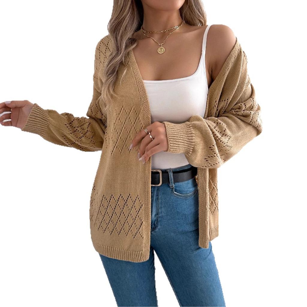 Herbst und Winter Lässiger einfarbiger ausgehöhlter Laternen-Langarm-Cardigan-Pullover Mittellanger Mantel